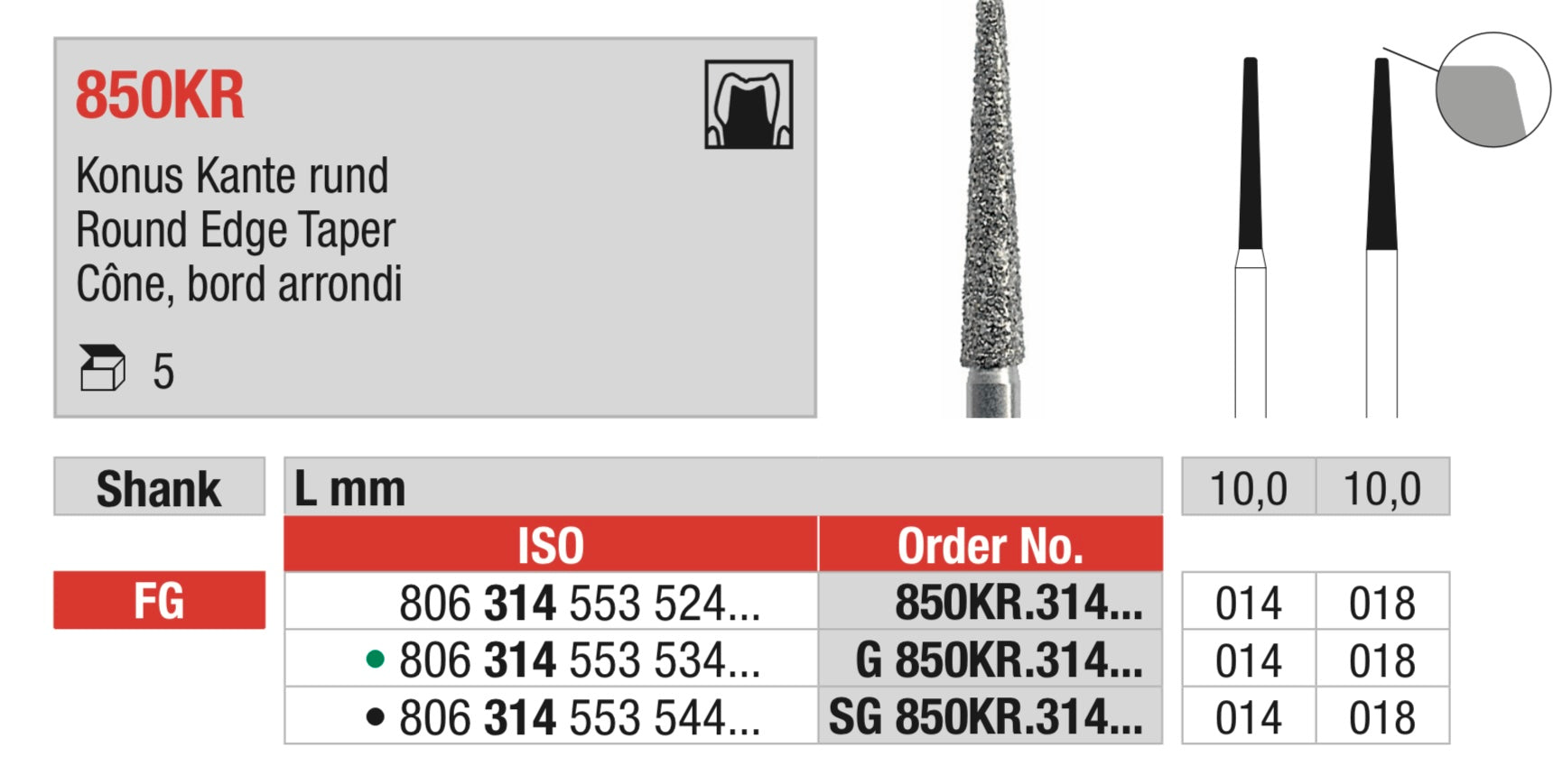 Round Edge Taper Diamond Bur - ISO 806 314 553