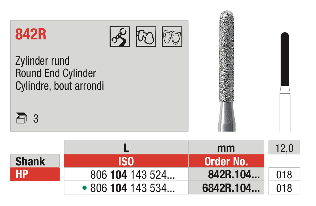 Round End Cylinder Diamond Bur HP -ISO 806 104 143